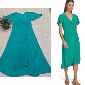 Harper Rose Aqua Blue Flutter Sleeve Faux Wrap Dress, Size 12